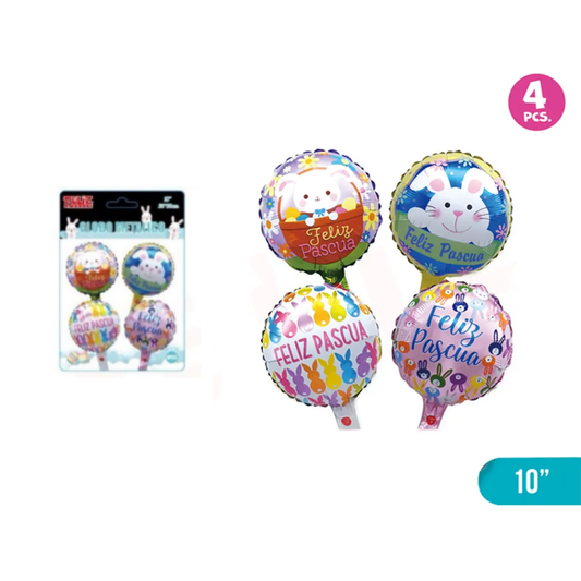 Set 4 Globos Metalizados Foil Conejo Pascua Decoración Multicolor