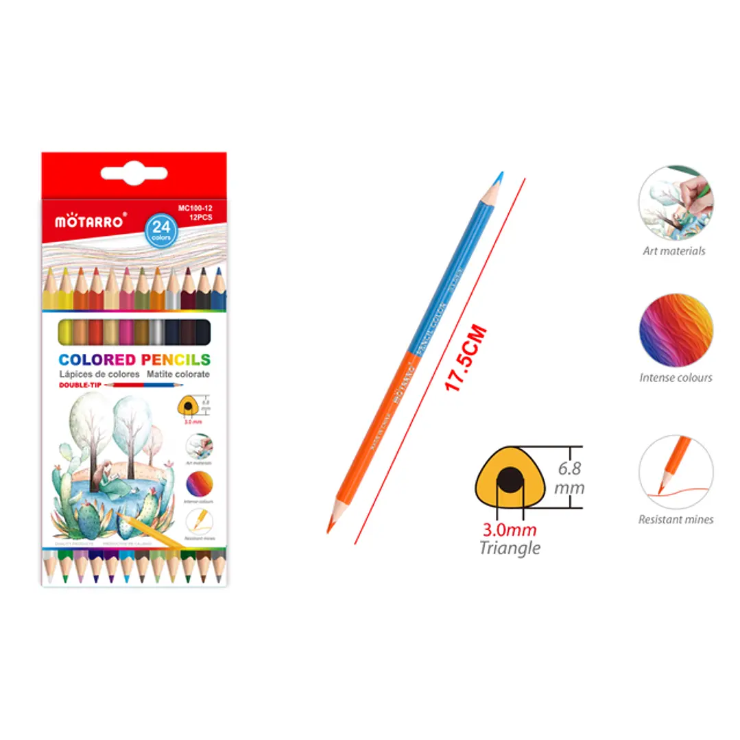Caja Lápices De Colores 12 Lápices Dobles 24 Colores Escolar