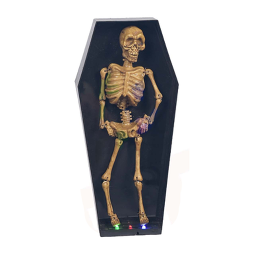 Decoración Halloween Esqueleto en Féretro con luz y sonido