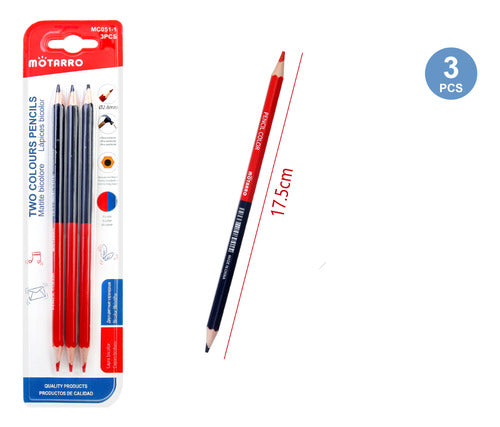 Set 3 Lápices Bicolor Rojo Y Azul 17.5cm Útil Escolar