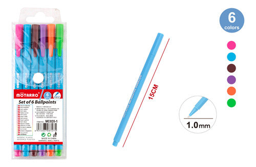 Set 6 Lápices Pasta Bolígrafos Colores Punta 1.0mm Escolar