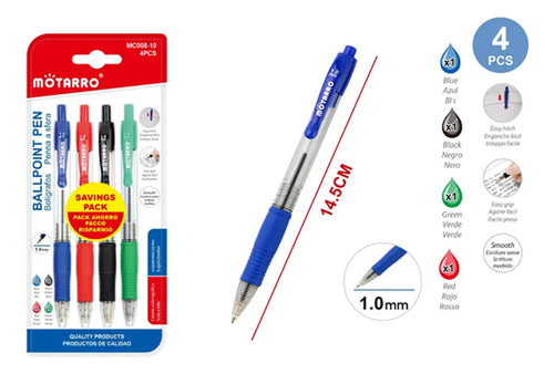 Pack 4 Lápices Pasta Retráctil 1.0mm Colores