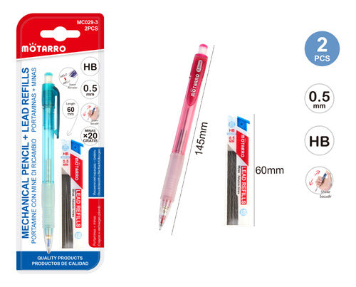 Pack Portaminas 0.5 Mm Hb Con Minas De Repuesto Útil Escolar