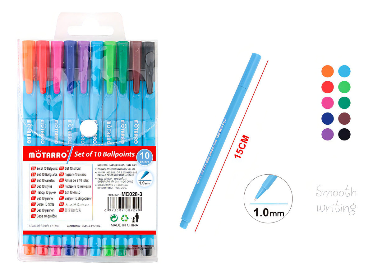 Lápices Pasta 10 Colores Punta Bola 1.0 Mm Escolar Lettering