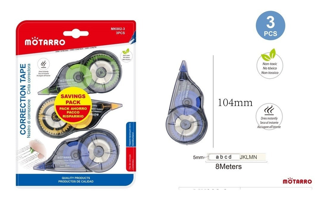 Pack 3 Cinta Correctora Blanco 5mm X 8m