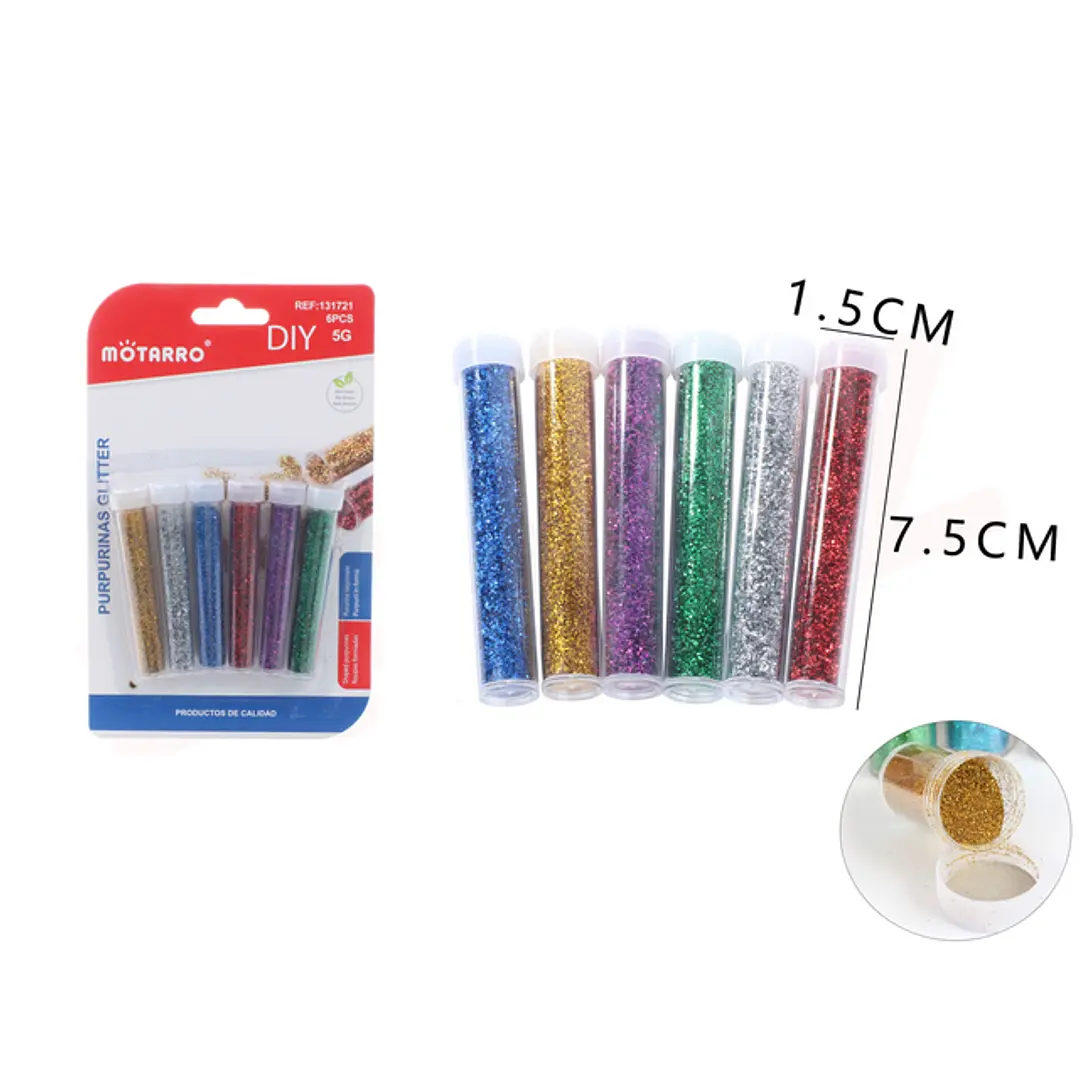 Escarcha Lentejuelas Material Escolar Diseño Estrellas 6 Tubos 7,5x1,5 cm 5 grs.