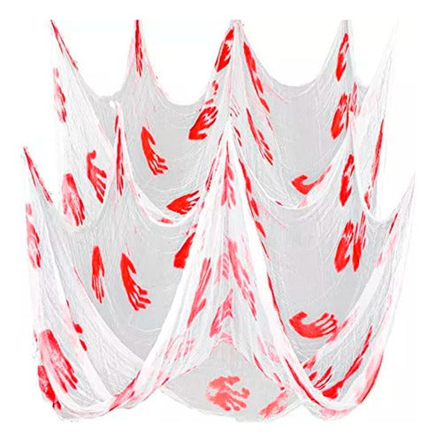 Decoración Halloween Tela Gasa Blanca Manos ensangrentadas 2 Mts