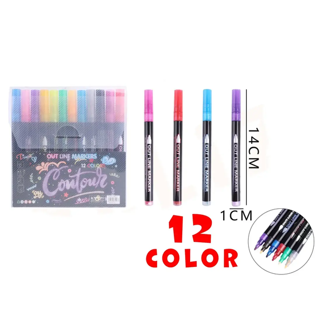 Set 12 Lápiz Marcador Doble Línea Brillante Lettering
