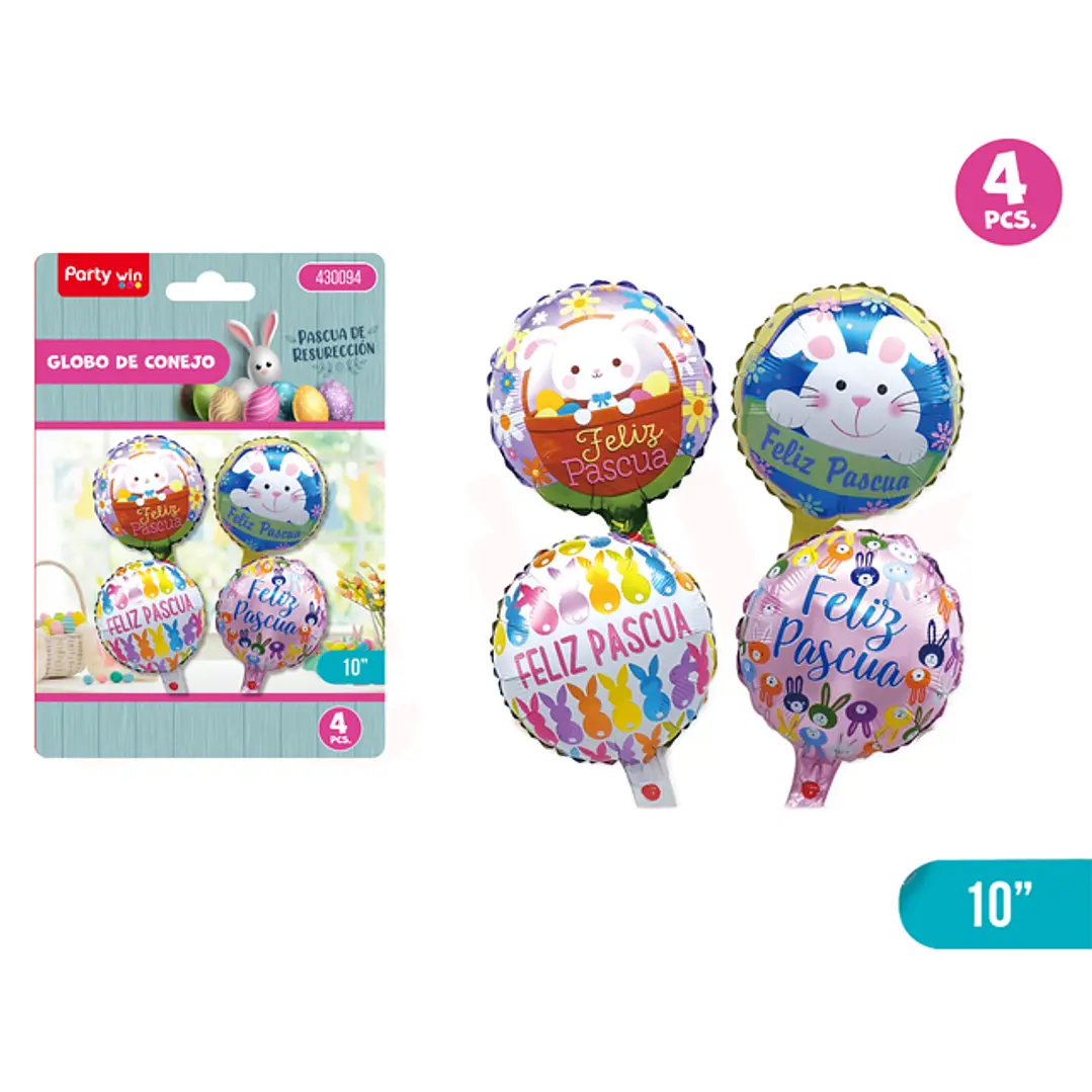 Set 4 Globos Foil Metalizados Conejo Pascua Decoración Multicolor