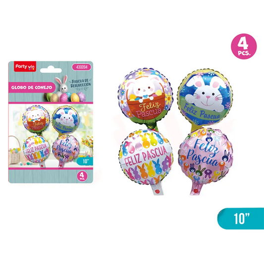 Set 4 Globos Foil Metalizados Conejo Pascua Decoración Multicolor