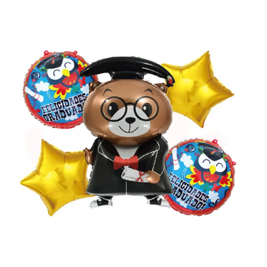 Set 5 globos foil Felicidades graduado diseño oso