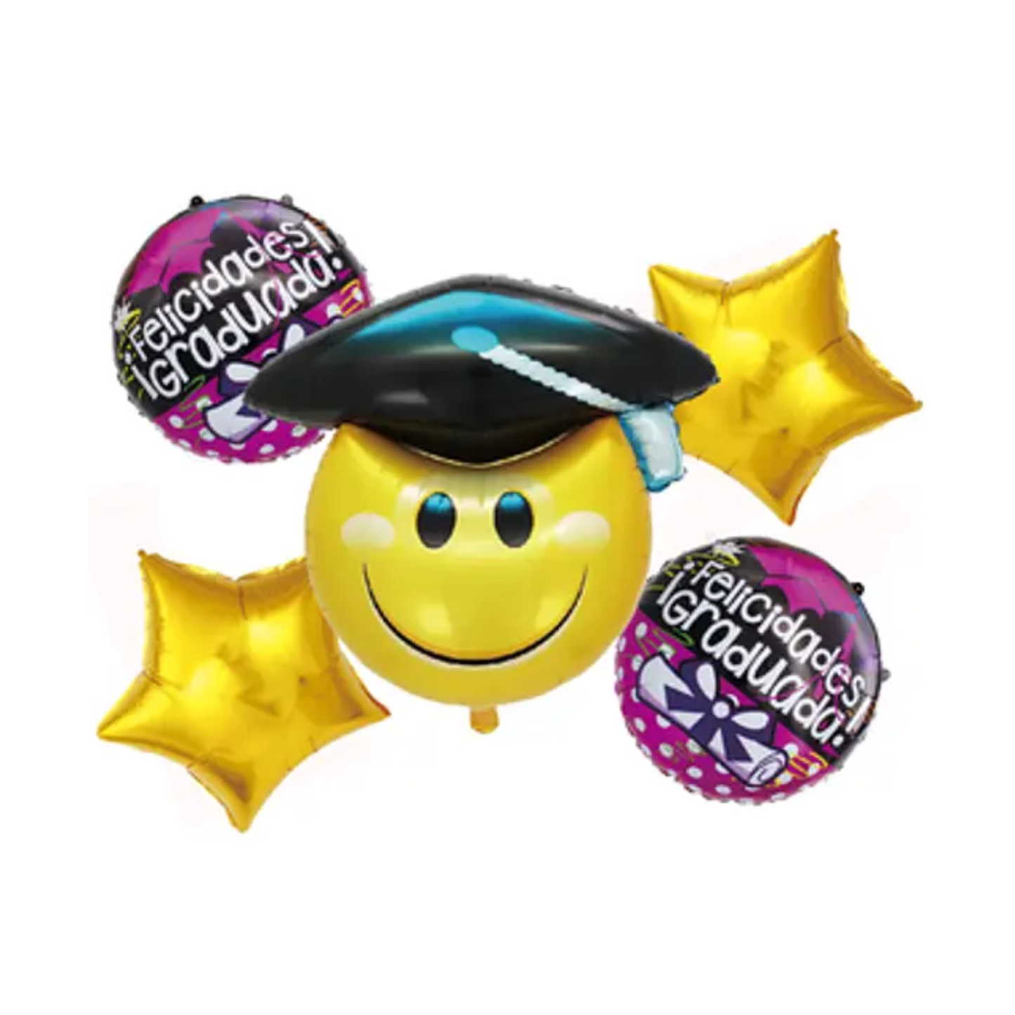Set 5 globos foil Felicidades graduado diseño carita feliz