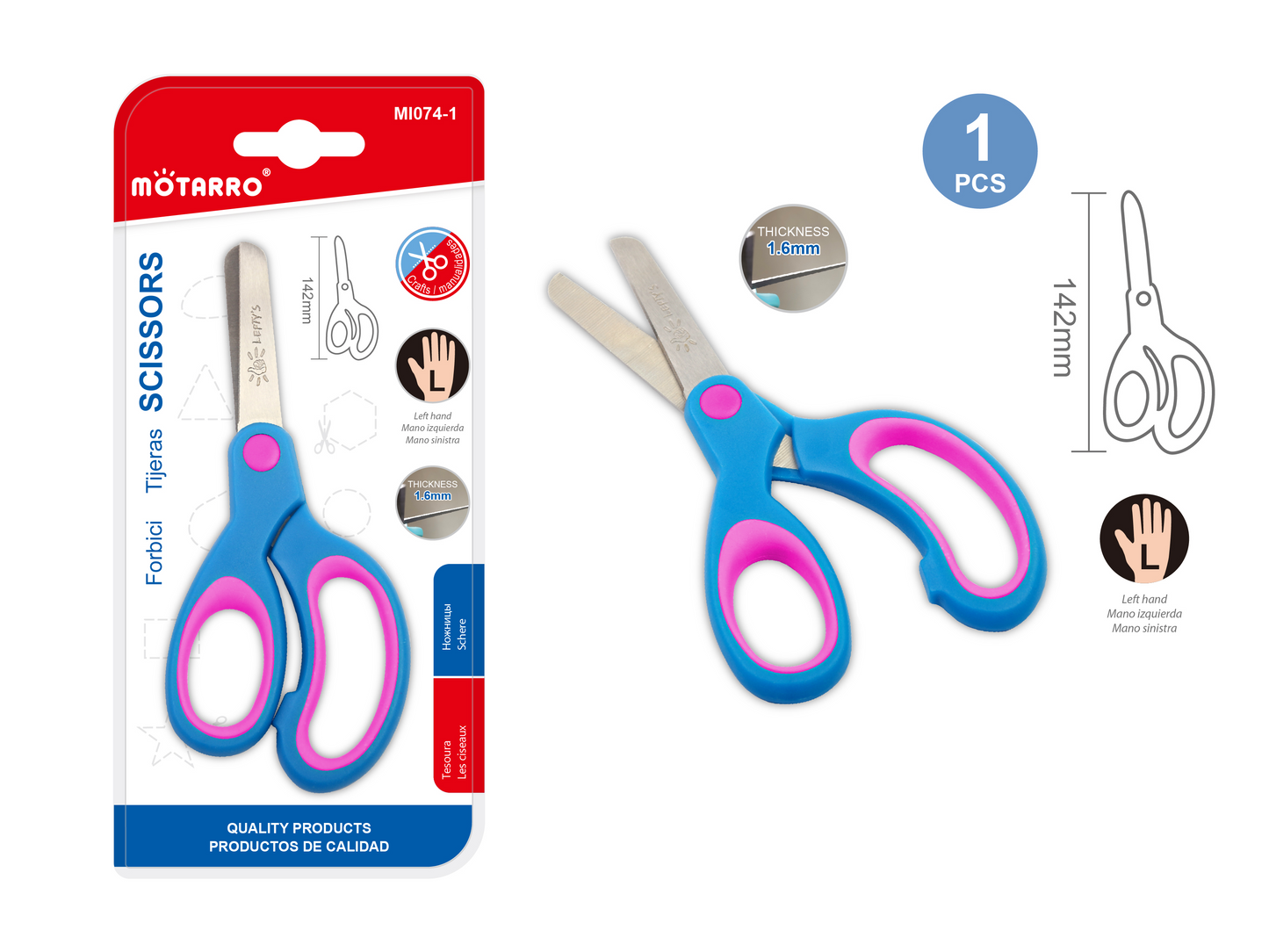 Tijera Escolar Punta Roma Mano Izquierda Zurdos 14cm Azul
