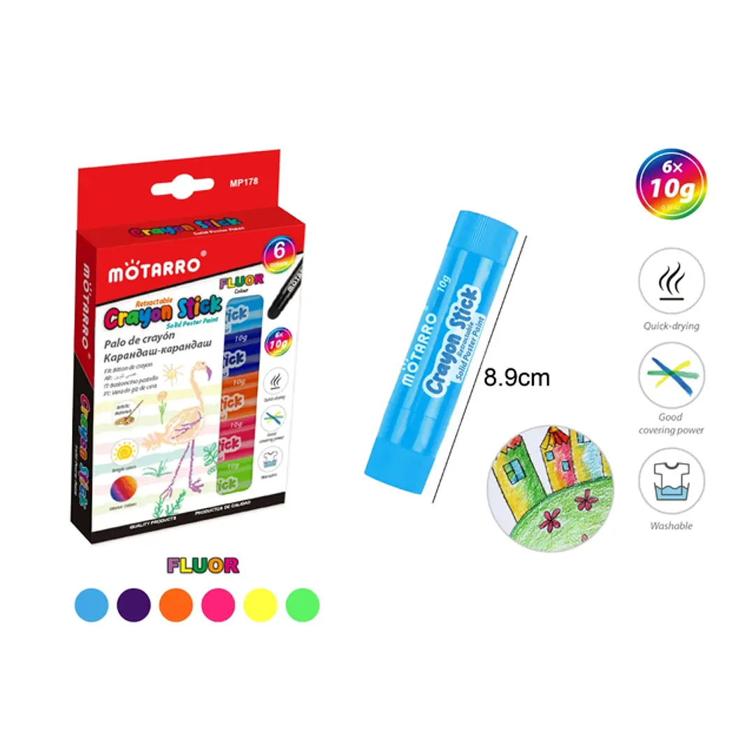 Lápices de Cera Barra Stick Retráctil 6 Unidades Colores Flúor
