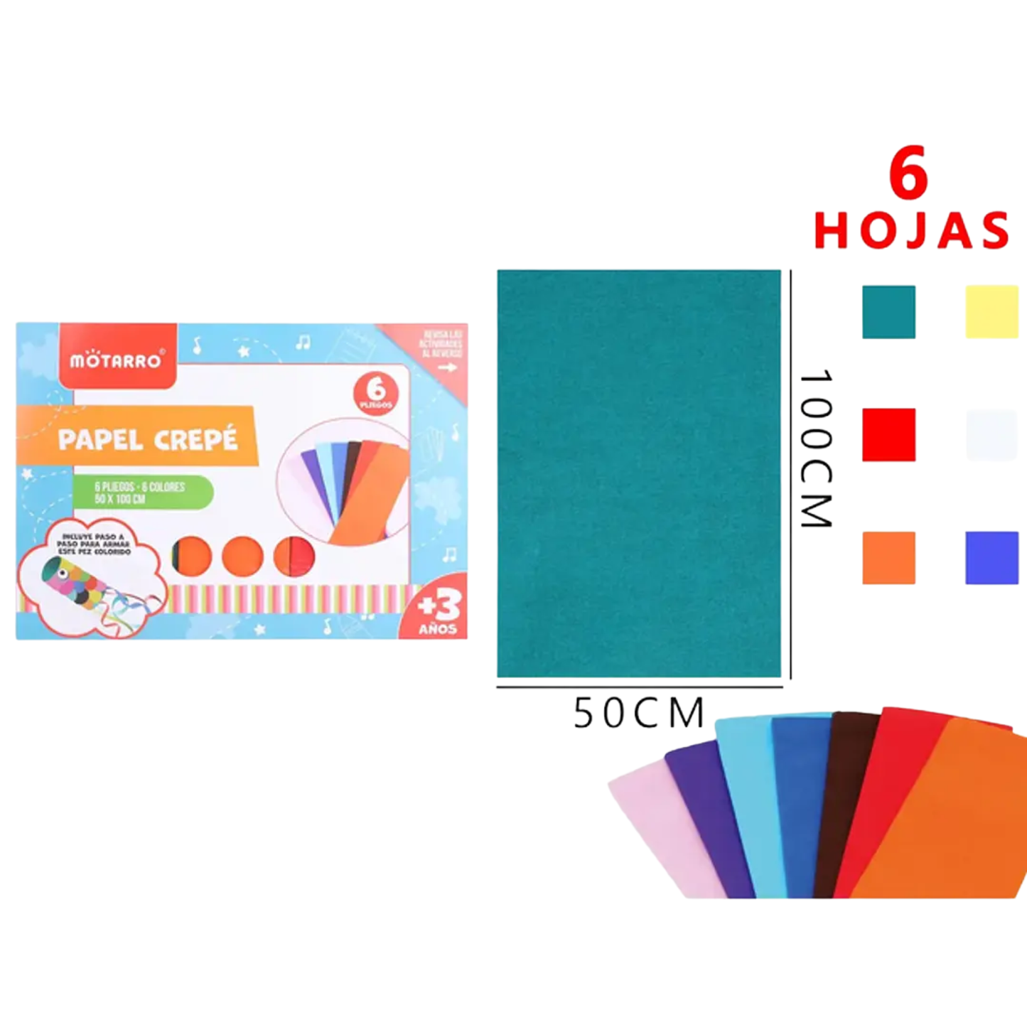 Papel Crepé Escolar Colores 6 hojas 100x50 cm