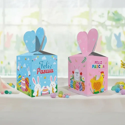 Pack 6 Cajas Cartón Conejo De Pascua Celeste Rosado 17x8,5 cm