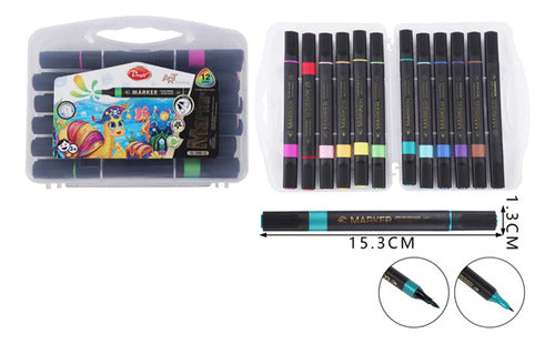 Plumones Marcadores Punta Doble 12 Colores Con Caja