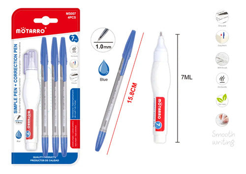 Pack 3 Lápiz Pasta Bolígrafo 1.0mm Y Corrector Útil Escolar