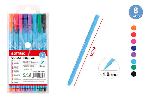 Set 8 Lápices Pasta Bolígrafos Colores Punta 1.0mm Escolar