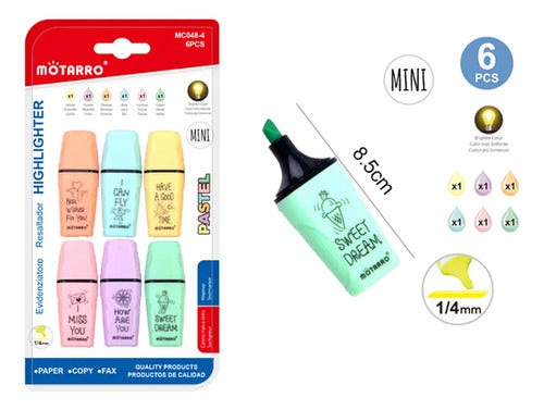 Set 6 Mini Destacadores Colores Punta Biselada Útil Escolar