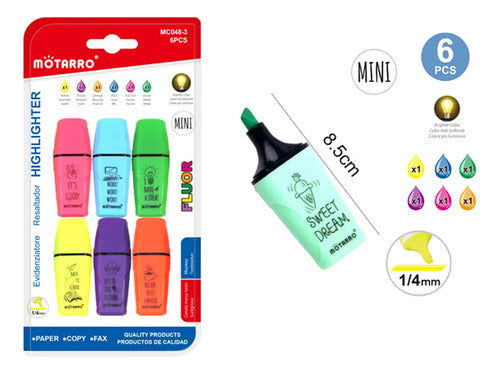 Set 6 Mini Destacadores Colores Punta Biselada Útil Escolar