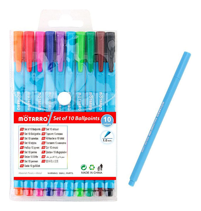 Lápices Pasta 10 Colores Punta Bola 1.0 Mm Escolar Lettering