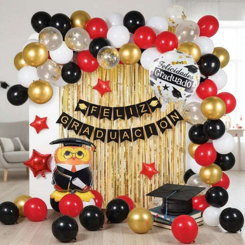 Set Decoración Feliz Graduación Globos + Cortina + Guirnalda