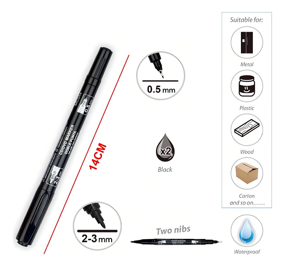 Pack 2 Plumones Permanentes Doble Punta Fina Negro 14 Cm