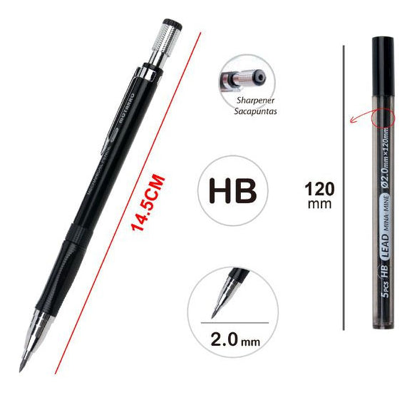 Portaminas Metálico 2.0 Mm Hb Repuestos Minas Color Negro