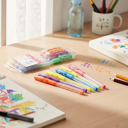 Set 6 Lápices Gel Glitter Colores Flúor 0.7 Mm Útil Escolar