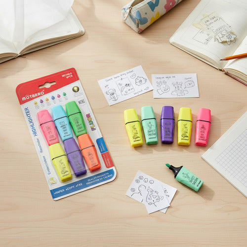 Set 6 Mini Destacadores Colores Punta Biselada Útil Escolar