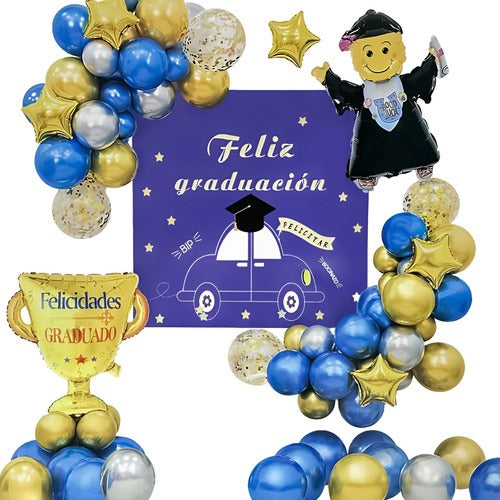 Set Decoración Feliz Graduación Globos + Cortina + Guirnalda