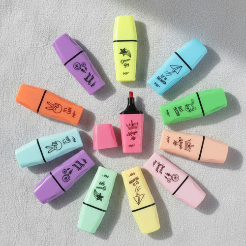 Mini Destacadores 12 Colores Flúor Y Pastel Punta Biselada